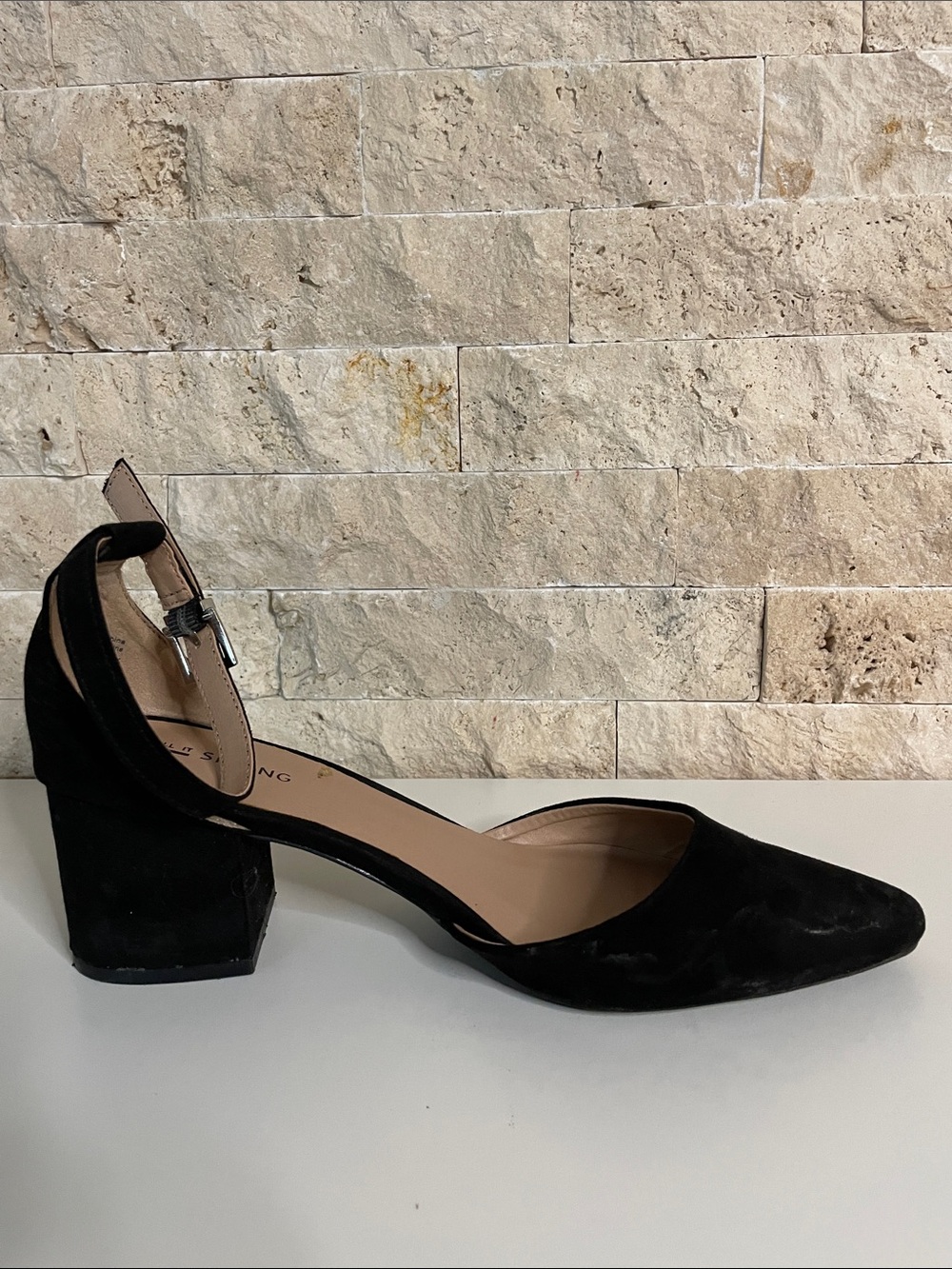 Call It Spring Black Suede D'Orsay Block Heel Pumps with Ankle Strap - Picture 4 of 9